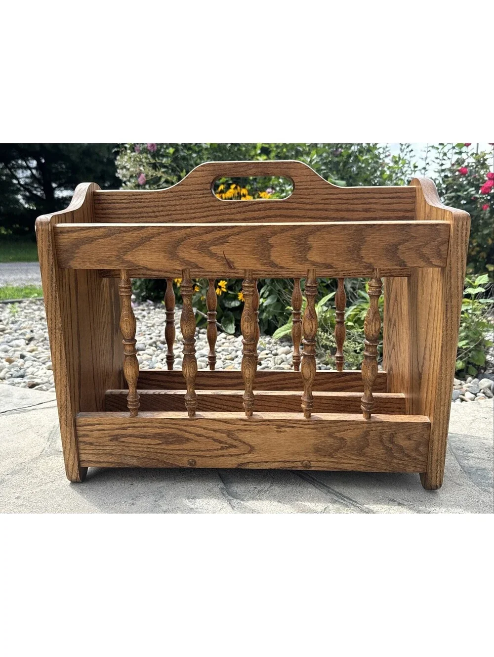 Solid Wood Oak Magazine Records LP Holder With Spindles MCM 2 Sections 19x16x12”